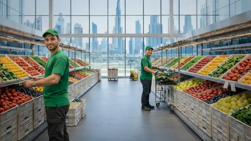 Fresh Focus Foodstuff team in Dubai warehouse handling produce